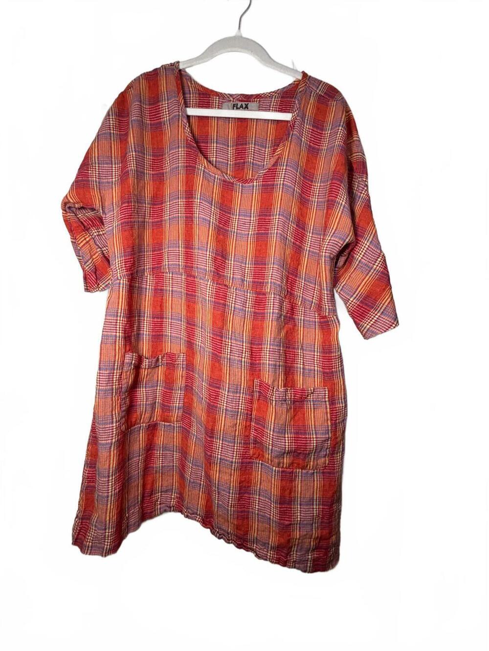 FLAX Plaid Linen Dress M Red Orange 3/4 Sleeve Pocket Tunic Lagenlook